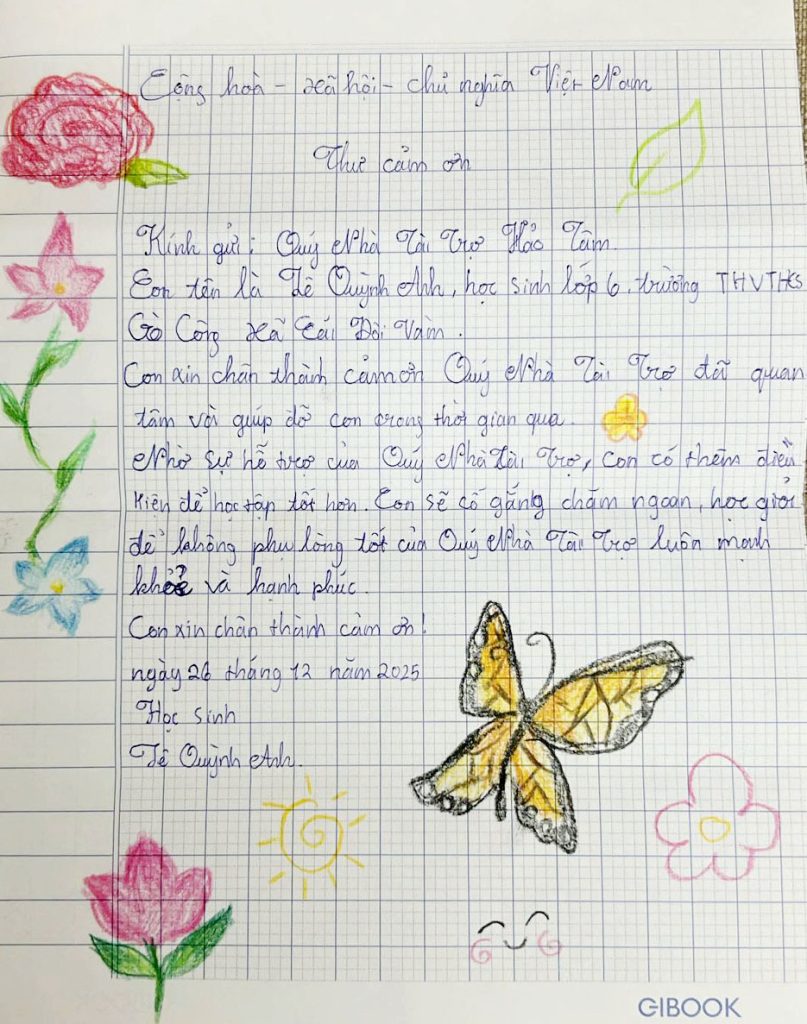 Một lời cảm ơn viết tay từ Quỳnh Anh gửi đến Quỹ và những người đã đồng hành