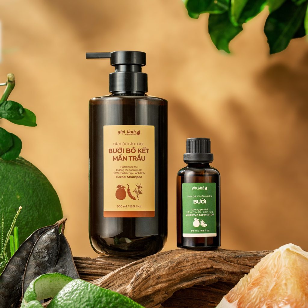 [Gội - Tinh dầu] Bộ Dầu Gội Bưởi Bồ kết - Tinh dầu Bưởi, hỗ trợ kích mọc tóc Giọt Lành